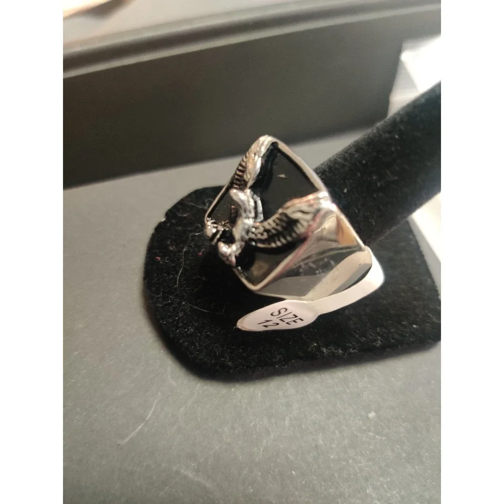 Mens Silver Tone Soaring Eagle Black Signet Ring Size 12 Biker Style Statement
